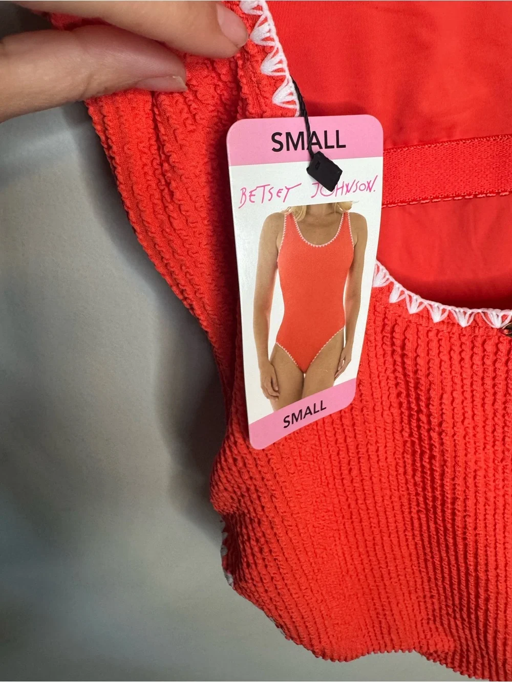 Coral Textured One-Piece Swimsuit with White Trim - Picture 4 of 6